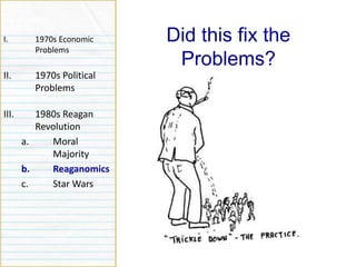Did this fix the
Problems?
I. 1970s Economic
Problems
II. 1970s Political
Problems
III. 1980s Reagan
Revolution
a. Moral
Majority
b. Reaganomics
c. Star Wars
 