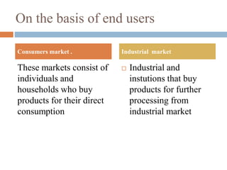 On the basis of end users
These markets consist of
individuals and
households who buy
products for their direct
consumption
 Industrial and
instutions that buy
products for further
processing from
industrial market
Consumers market . Industrial market
 