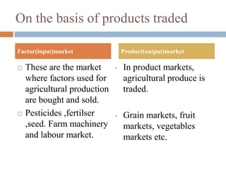 On the basis of products traded
 These are the market
where factors used for
agricultural production
are bought and sold.
 Pesticides ,fertilser
,seed. Farm machinery
and labour market.
• In product markets,
agricultural produce is
traded.
• Grain markets, fruit
markets, vegetables
markets etc.
Factor(input)market Product(output)market
 