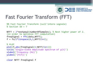 Fast Fourier Transform (FFT) 
%% Fast Fourier Transform (sull'intero segnale) 
% Section ID = 7 
NFFT = 2^nextpow2(numberOfSamples); % Next higher power of 2. (in order to optimize FFT computation) 
freqSignal = fft(data,NFFT); 
f = fs/2*linspace(0,1,NFFT/2+1); 
% PLOT 
plot(f,abs(freqSignal(1:NFFT/2+1))) 
title('Single-Sided Amplitude Spectrum of y(t)') 
xlabel('Frequency (Hz)') 
ylabel('|Y(f)|') 
clear NFFT freqSignal f 
 