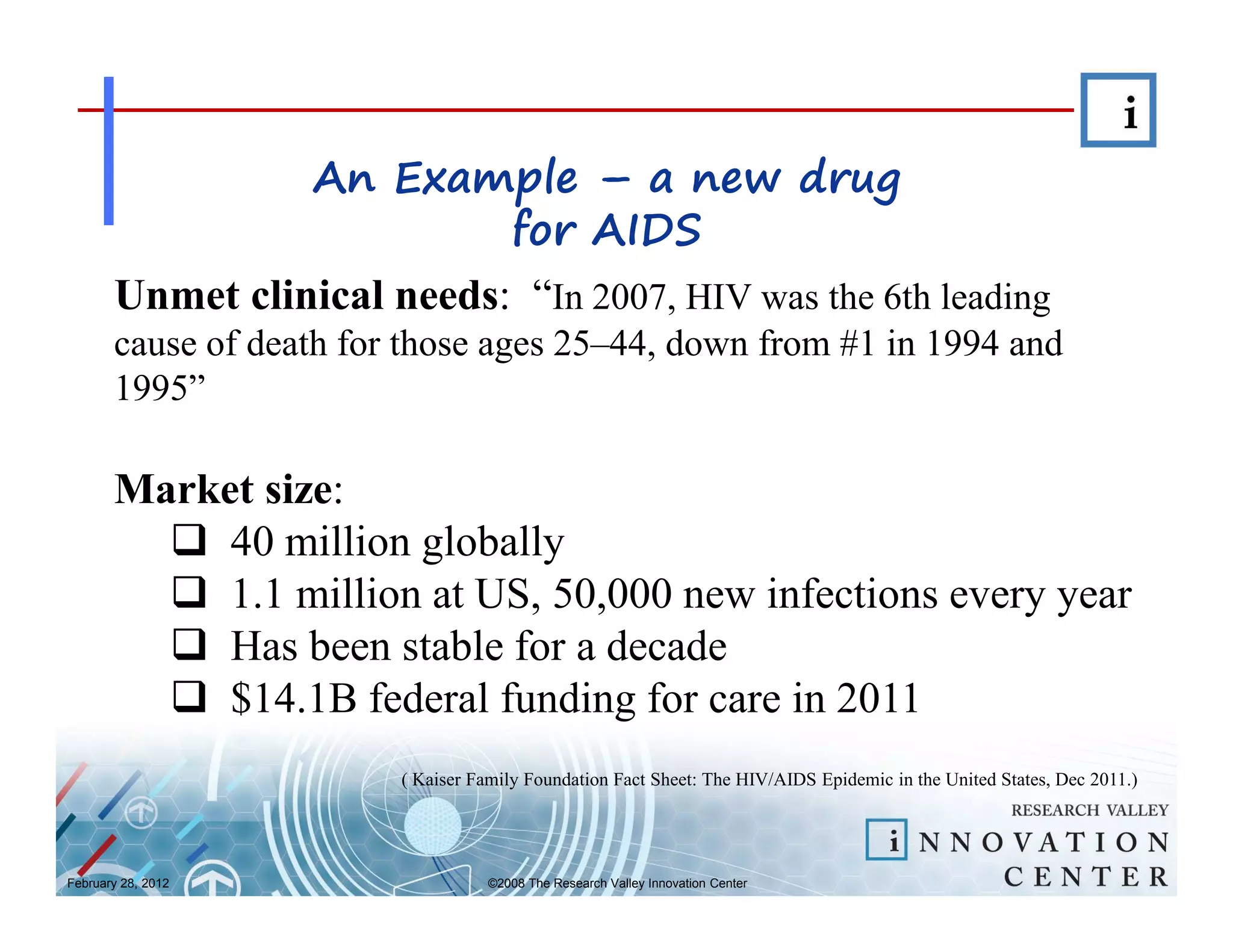 An Example – a new drug
                            for AIDS
       Unmet clinical needs: “In 2007, HIV was the 6th leading
       cause of death for those ages 25–44, down from #1 in 1994 and
       1995”

       Market size:
            40 million globally
            1.1 million at US, 50,000 new infections every year
            Has been stable for a decade
            $14.1B federal funding for care in 2011
                         ( Kaiser Family Foundation Fact Sheet: The HIV/AIDS Epidemic in the United States, Dec 2011.)




February 28, 2012                  ©2008 The Research Valley Innovation Center
 