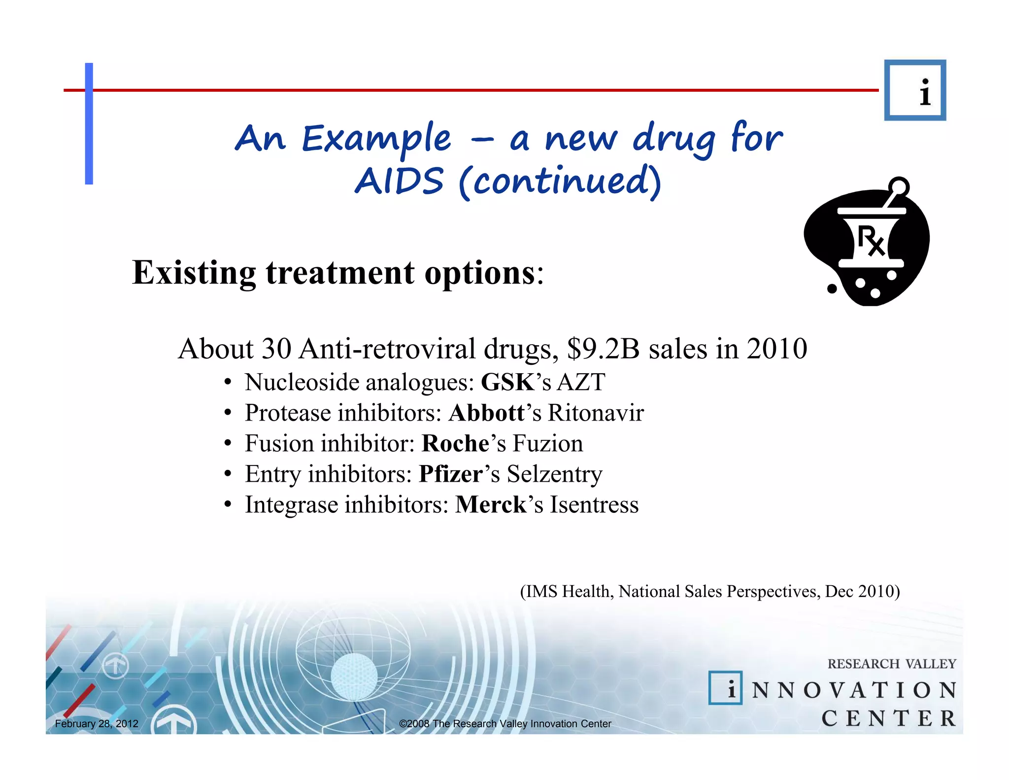 An Example – a new drug for
                                 AIDS (continued)

               Existing treatment options:

                    About 30 Anti-retroviral drugs, $9.2B sales in 2010
                       •   Nucleoside analogues: GSK’s AZT
                       •   Protease inhibitors: Abbott’s Ritonavir
                       •   Fusion inhibitor: Roche’s Fuzion
                       •   Entry inhibitors: Pfizer’s Selzentry
                       •   Integrase inhibitors: Merck’s Isentress


                                                                  (IMS Health, National Sales Perspectives, Dec 2010)




February 28, 2012                         ©2008 The Research Valley Innovation Center
 