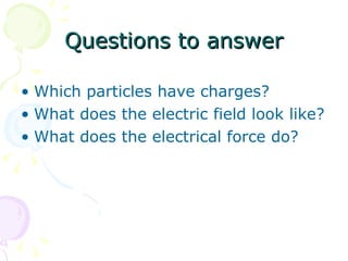 Questions to answer Which particles have charges?  What does the electric field look like?  What does the electrical force do?  