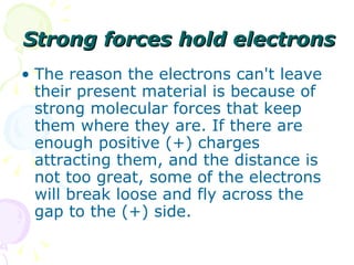 Strong forces hold electrons The reason the electrons can't leave their present material is because of strong molecular forces that keep them where they are. If there are enough positive (+) charges attracting them, and the distance is not too great, some of the electrons will break loose and fly across the gap to the (+) side. 