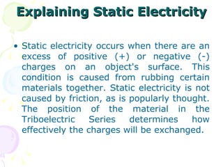 Explaining Static Electricity Static electricity occurs when there are an excess of positive (+) or negative (-) charges on an object's surface. This condition is caused from rubbing certain materials together. Static electricity is not caused by friction, as is popularly thought. The position of the material in the Triboelectric Series determines how effectively the charges will be exchanged.  