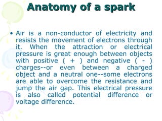 Anatomy of a spark Air is a non-conductor of electricity and resists the movement of electrons through it. When the attraction or electrical pressure is great enough between objects with positive ( + ) and negative ( - ) charges--or even between a charged object and a neutral one--some electrons are able to overcome the resistance and jump the air gap. This electrical pressure is also called potential difference or voltage difference.  