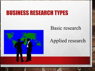 Basic research
Applied research
BUSINESS RESEARCH TYPES
 