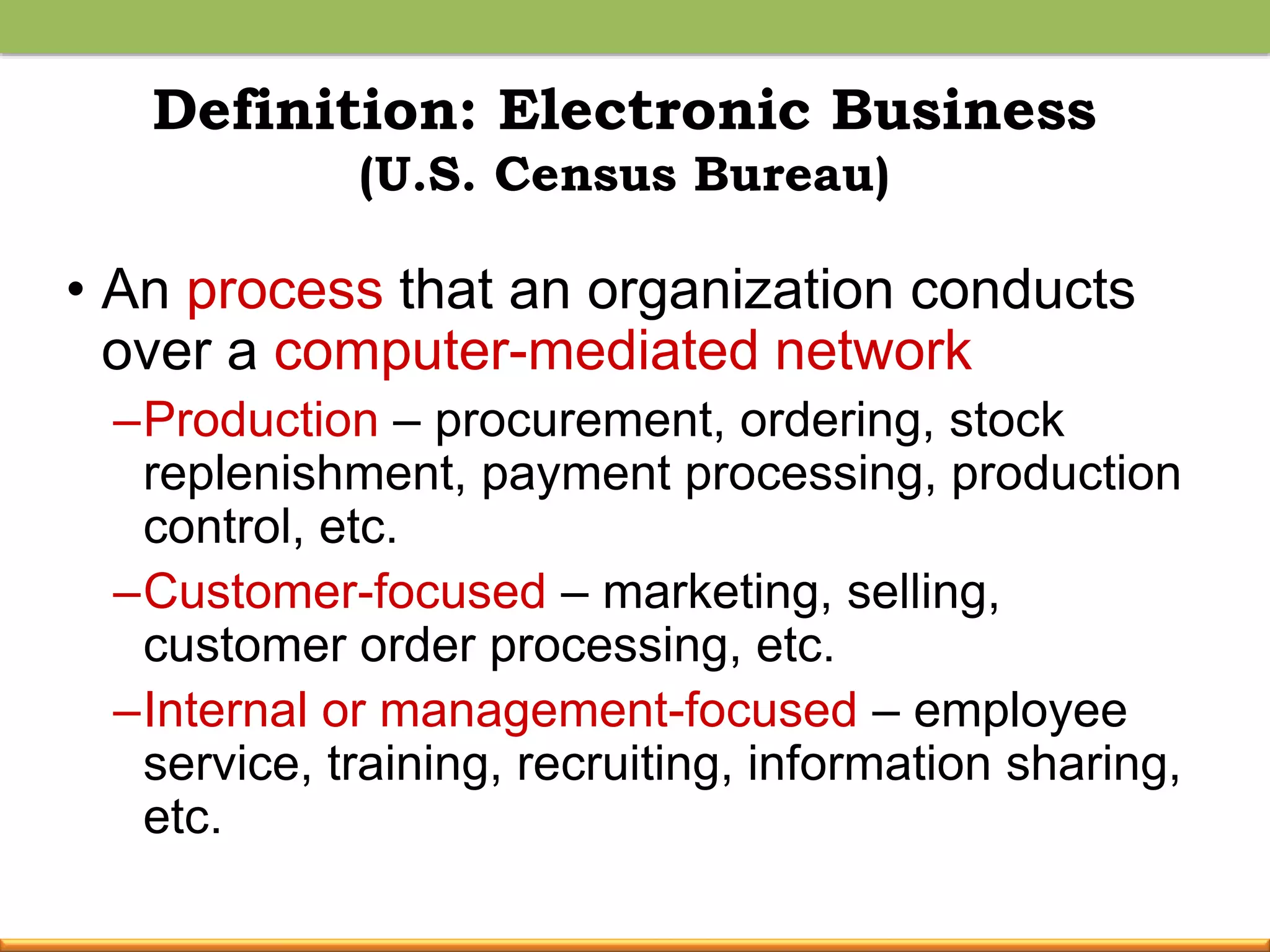 Definition: Electronic Business
(U.S. Census Bureau)
• An process that an organization conducts
over a computer-mediated network
–Production – procurement, ordering, stock
replenishment, payment processing, production
control, etc.
–Customer-focused – marketing, selling,
customer order processing, etc.
–Internal or management-focused – employee
service, training, recruiting, information sharing,
etc.
 