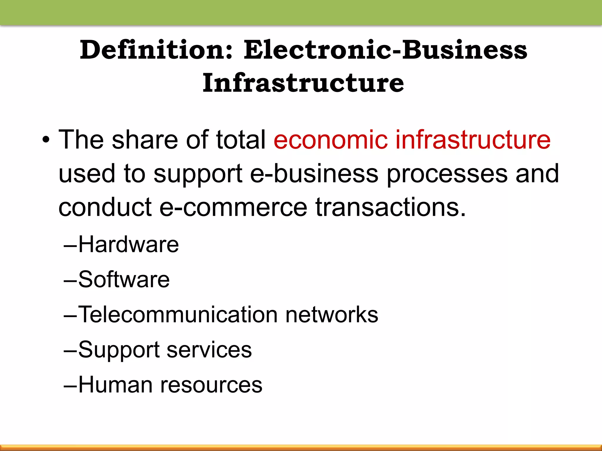Definition: Electronic-Business
Infrastructure
• The share of total economic infrastructure
used to support e-business processes and
conduct e-commerce transactions.
–Hardware
–Software
–Telecommunication networks
–Support services
–Human resources
 