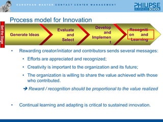 Process model for InnovationRecognition      and LearningGenerate IdeasEvaluate             and SelectDevelop and ImplementTwo types of evaluation tools:early-stage evaluation 	late-stage portfolio evaluation	Score against objectives			Score relative in portfolioSet the Stage