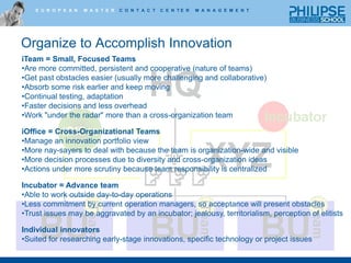Metrics to track, measure and understand the innovation program's performance Examples of Activity MetricsIdea flows (counts and trends):• Number of ideas proposed• Percent of ideas evaluated• Percent of ideas accepted for further development• Percent of ideas relevant to innovation focus• Aggressiveness: Percent of approved ideas funded vs. not yet funded• Responsiveness: Average time from submission to implementationBalance of idea portfolio:• Percent of incremental change vs. step change ("game changers“)• Percent of process vs. product or service• Percent of high-risk ideas vs. technically feasible ideasSources of ideas:• Percent of business-initiated ideas• Percent of IT-initiated ideas• Percent of ideas from internal collaboration• Percent of ideas sourced externallyExamples of Behavioral MetricsBehavior metrics:• Participants' overall rating of the behavior cycle (well-defined, usable, reliable)• Percent of team members contributing in all behaviors• Percent of teams participating in metrics usage• Percent of ideas improved through the behavior cycle• Percent of ideas rejected in the challenge phaseIdea success metrics:• Percent of ideas surviving the challenge stage• Percent of ideas selected• Transition time from selection phase to cooperation phase• Percent of ideas discontinued after selection• Time to cooperation stage for ideas (by type or size)