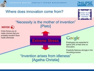 Where does innovation come from?Onder druk wordt alles vloeibaar “Necessity is the mother of invention” [Plato]“Invention arises from idleness” [Agatha Christie]Crisis forces you to make choices that you probably wouldn't have made otherwise.Extreme StressEmployees are expected to spend 20% of their time on innovation.Creativity features strongly in the recruiting process