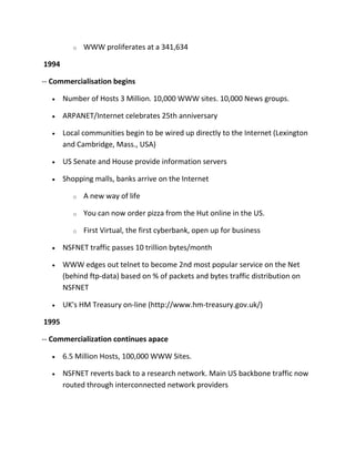 o

WWW proliferates at a 341,634

1994
-- Commercialisation begins
Number of Hosts 3 Million. 10,000 WWW sites. 10,000 News groups.
ARPANET/Internet celebrates 25th anniversary
Local communities begin to be wired up directly to the Internet (Lexington
and Cambridge, Mass., USA)
US Senate and House provide information servers
Shopping malls, banks arrive on the Internet
o

A new way of life

o

You can now order pizza from the Hut online in the US.

o

First Virtual, the first cyberbank, open up for business

NSFNET traffic passes 10 trillion bytes/month
WWW edges out telnet to become 2nd most popular service on the Net
(behind ftp-data) based on % of packets and bytes traffic distribution on
NSFNET
UK's HM Treasury on-line (http://www.hm-treasury.gov.uk/)
1995
-- Commercialization continues apace
6.5 Million Hosts, 100,000 WWW Sites.
NSFNET reverts back to a research network. Main US backbone traffic now
routed through interconnected network providers

 