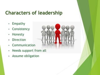Characters of leadership
• Empathy
• Consistency
• Honesty
• Direction
• Communication
• Needs support from all
• Assume obligation
 