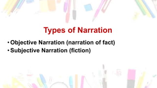 Types of Narration
•Objective Narration (narration of fact)
•Subjective Narration (fiction)
 