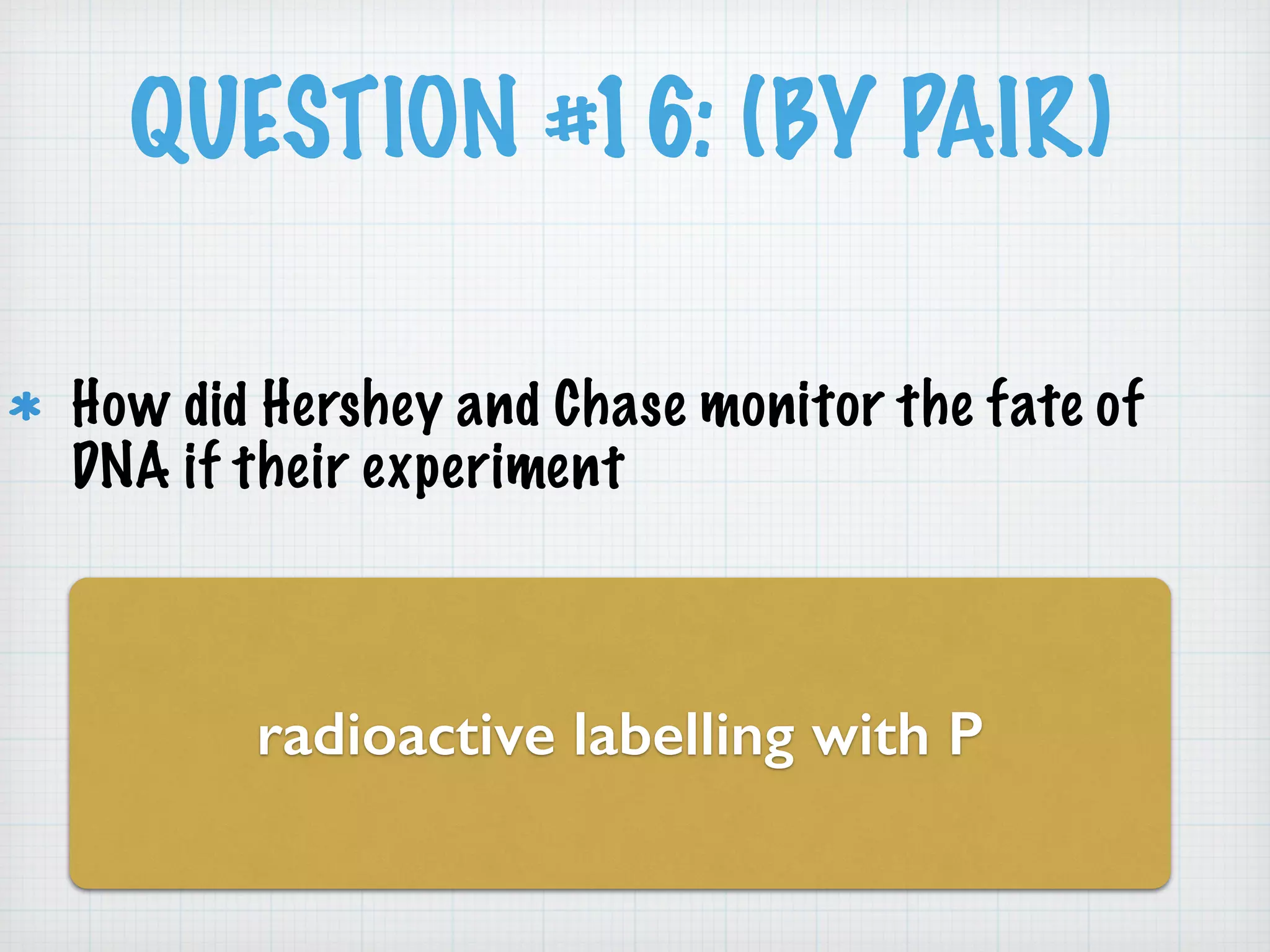 QUESTION #16: (BY PAIR) 
How did Hershey and Chase monitor the fate of 
DNA if their experiment 
radioactive labelling with P 
 