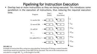  Overlap two or more instructions as they are being executed. This introduces some
parallelism in the execution of instructions, thus reducing the required execution
time.
Pipelining for Instruction Execution
 