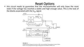  this circuit needs to guarantee that the microcontroller will only leave the reset
state if the voltage has reached a stable and high enough value. This is the task of
the blocks associated with the VDD signal.
Reset Options
 