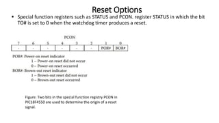  Special function registers such as STATUS and PCON. register STATUS in which the bit
TO# is set to 0 when the watchdog timer produces a reset.
Reset Options
Figure: Two bits in the special function registry PCON in
PIC18F4550 are used to determine the origin of a reset
signal.
 