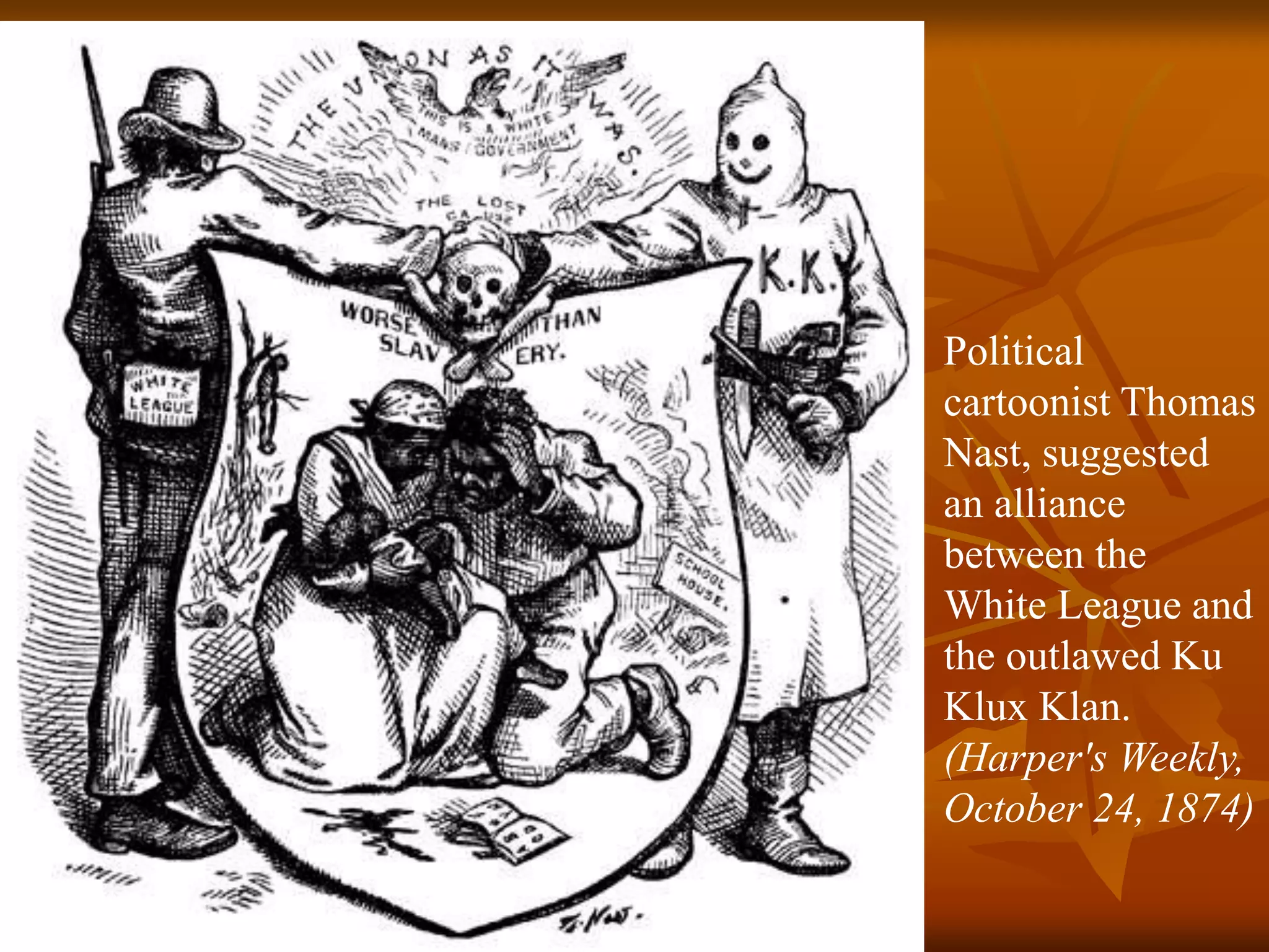 Political
cartoonist Thomas
Nast, suggested
an alliance
between the
White League and
the outlawed Ku
Klux Klan.
(Harper's Weekly,
October 24, 1874)
 