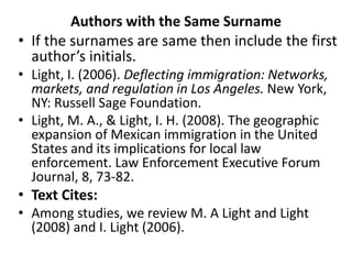 Authors with the Same Surname
• If the surnames are same then include the first
author’s initials.
• Light, I. (2006). Deflecting immigration: Networks,
markets, and regulation in Los Angeles. New York,
NY: Russell Sage Foundation.
• Light, M. A., & Light, I. H. (2008). The geographic
expansion of Mexican immigration in the United
States and its implications for local law
enforcement. Law Enforcement Executive Forum
Journal, 8, 73-82.
• Text Cites:
• Among studies, we review M. A Light and Light
(2008) and I. Light (2006).
 