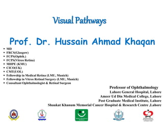 Visual Pathways
Prof. Dr. Hussain Ahmad Khaqan
 MD
 FRCS(Glasgow)
 FCPS(Ophth.)
 FCPS(Vitreo Retina)
 MHPE (KMU)
 CICO(UK)
 CMT(UOL)
 Fellowship in Medical Retina (LMU, Munich)
 Fellowship in Vitreo Retinal Surgery (LMU, Munich)
 Consultant Ophthalmologist & Retinal Surgeon
Professor of Ophthalmology
Lahore General Hospital, Lahore
Ameer Ud Din Medical College, Lahore
Post Graduate Medical Institute, Lahore
Shaukat Khanum Memorial Cancer Hospital & Research Centre ,Lahore
 
