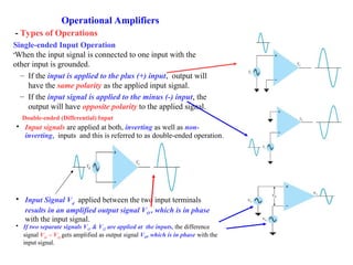 Operational Amplifiers
Single-ended Input Operation

When the input signal is connected to one input with the
other input is grounded.
– If the input is applied to the plus (+) input, output will
have the same polarity as the applied input signal.
– If the input signal is applied to the minus (-) input, the
output will have opposite polarity to the applied signal.
Double-ended (Differential) Input

Input signals are applied at both, inverting as well as non-
inverting, inputs and this is referred to as double-ended operation.

Input Signal Vd
applied between the two input terminals
results in an amplified output signal VO , which is in phase
with the input signal.

If two separate signals Vi1 & Vi2 are applied at the inputs, the difference
signal Vi1
– Vi2
gets amplified as output signal VO, which is in phase with the
input signal.
- Types of Operations
 