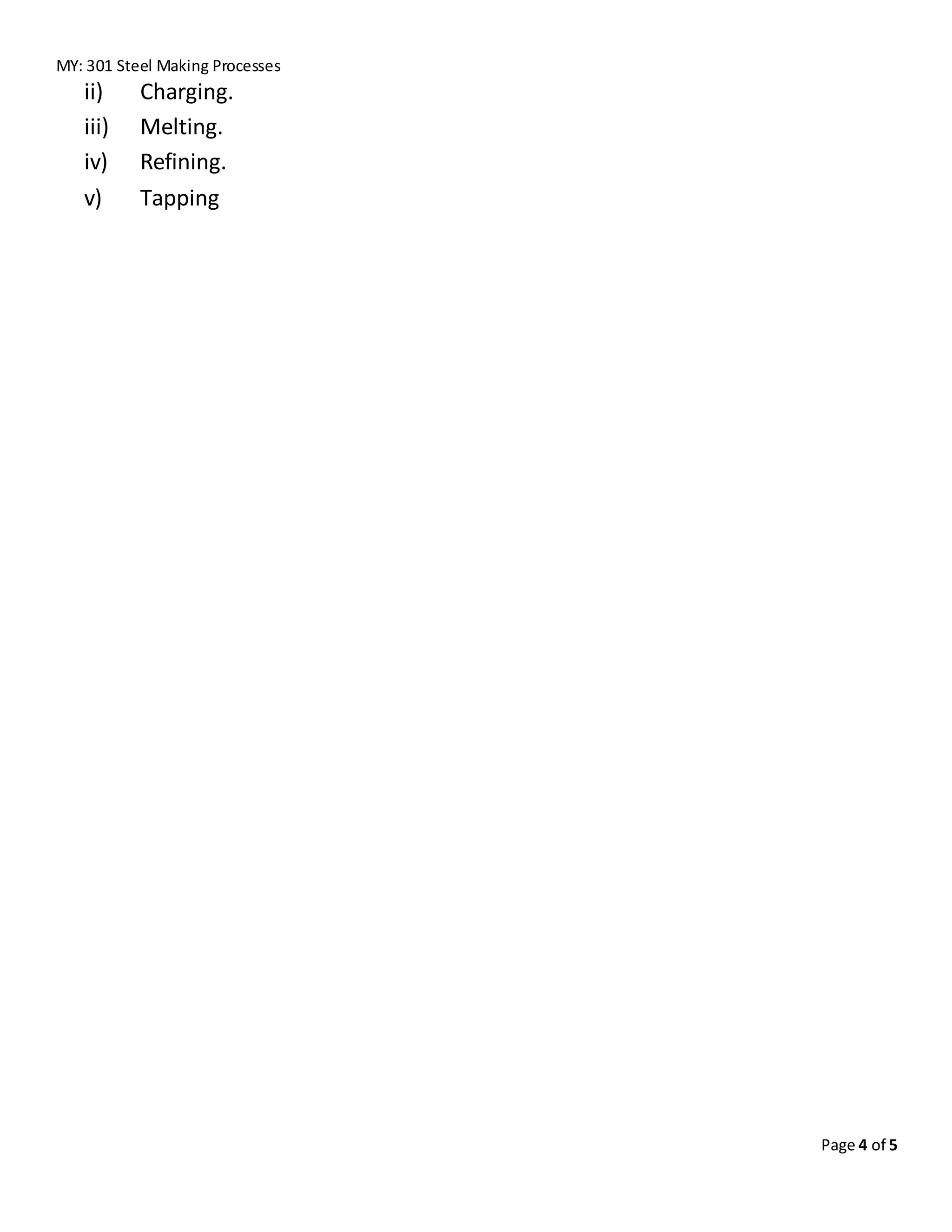 MY: 301 Steel Making Processes
Page 4 of 5
ii) Charging.
iii) Melting.
iv) Refining.
v) Tapping
 