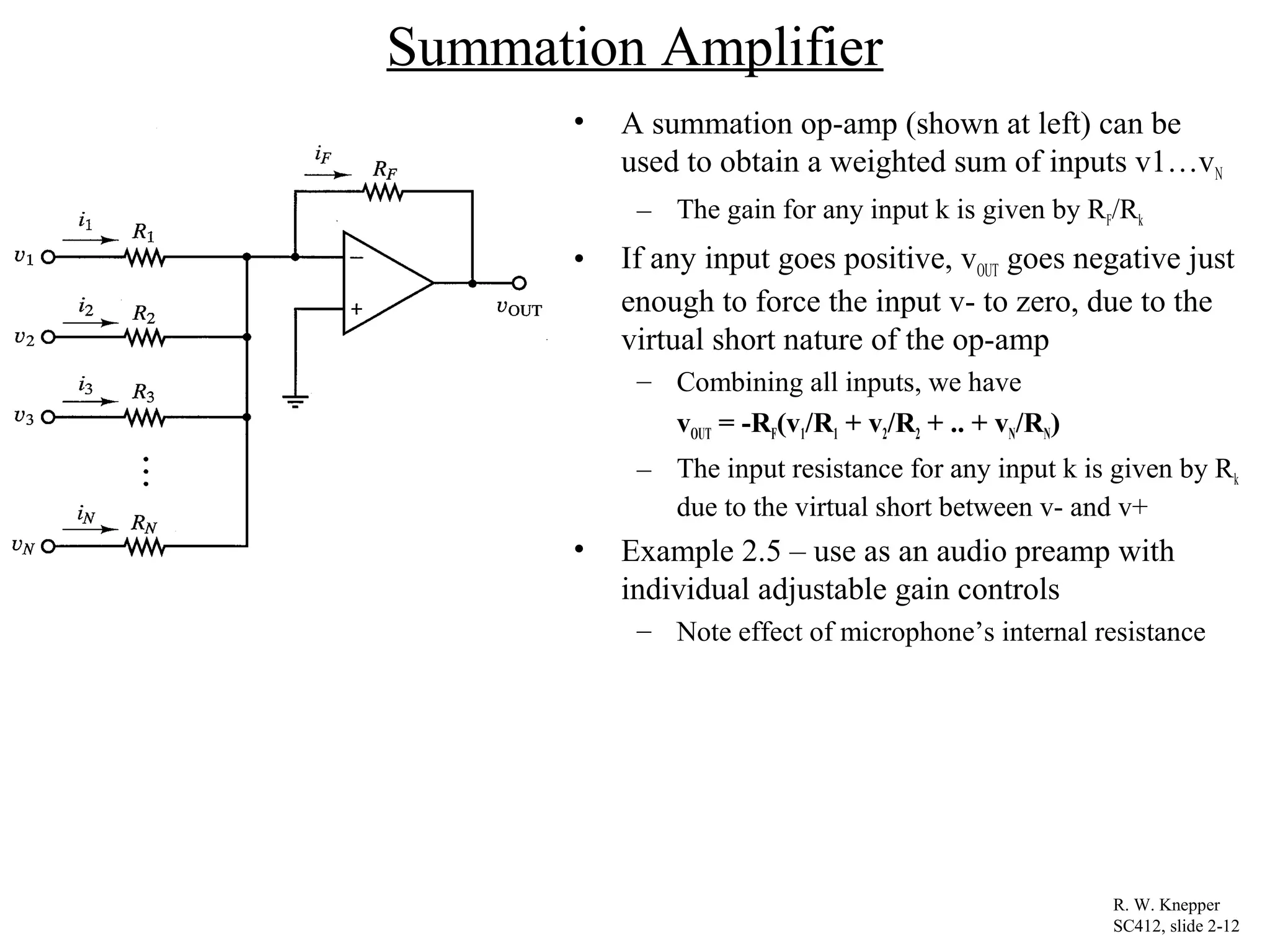 Summation Amplifier
• A summation op-amp (shown at left) can be
used to obtain a weighted sum of inputs v1…vN
– The gain for any input k is given by RF/Rk
• If any input goes positive, vOUT goes negative just
enough to force the input v- to zero, due to the
virtual short nature of the op-amp
– Combining all inputs, we have
vOUT = -RF(v1/R1 + v2/R2 + .. + vN/RN)
– The input resistance for any input k is given by Rk
due to the virtual short between v- and v+
• Example 2.5 – use as an audio preamp with
individual adjustable gain controls
– Note effect of microphone’s internal resistance
R. W. Knepper
SC412, slide 2-12
 