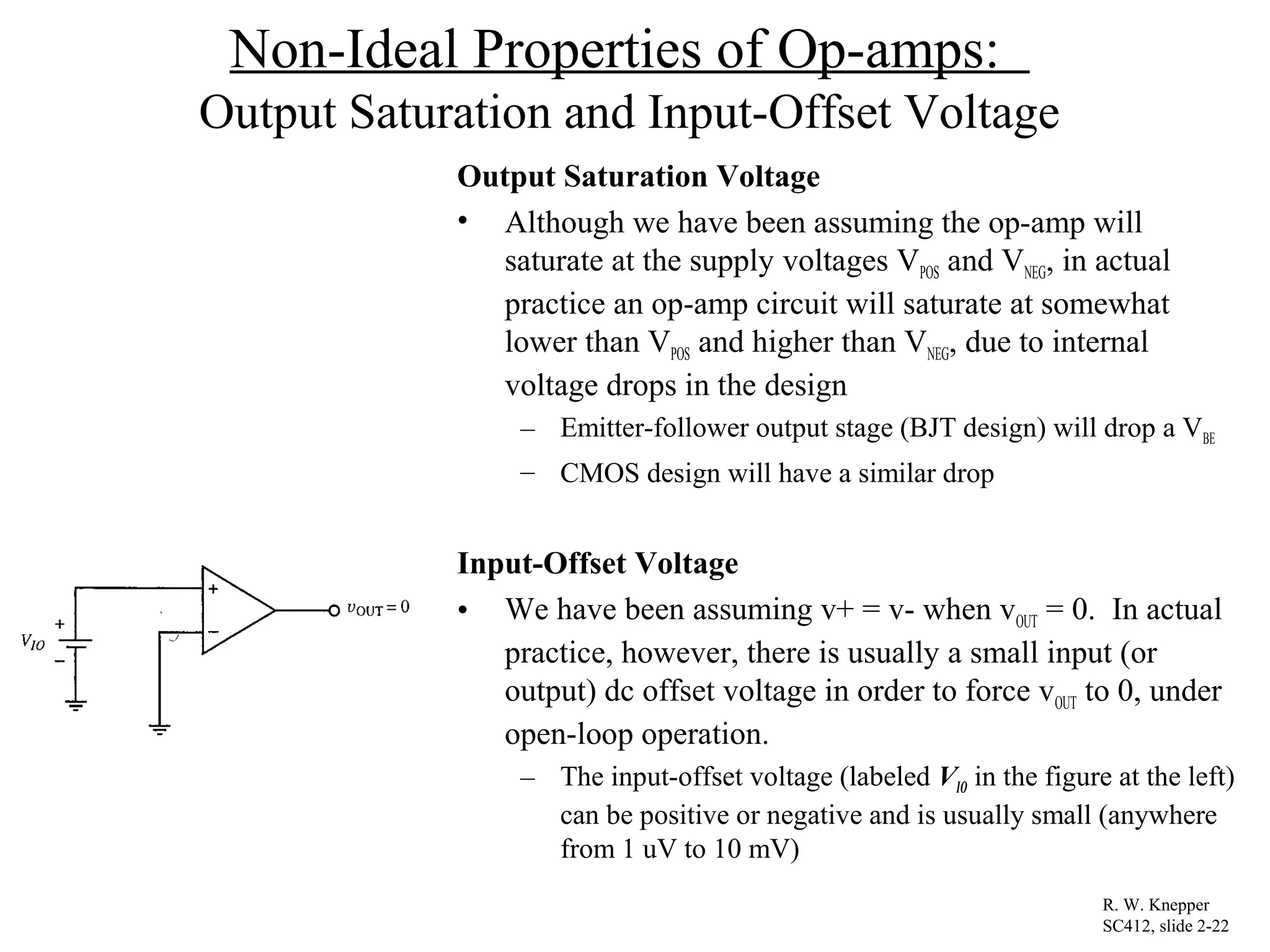 Non-Ideal Properties of Op-amps:
Output Saturation and Input-Offset Voltage
Output Saturation Voltage
• Although we have been assuming the op-amp will
saturate at the supply voltages VPOS and VNEG, in actual
practice an op-amp circuit will saturate at somewhat
lower than VPOS and higher than VNEG, due to internal
voltage drops in the design
– Emitter-follower output stage (BJT design) will drop a VBE
– CMOS design will have a similar drop
Input-Offset Voltage
• We have been assuming v+ = v- when vOUT = 0. In actual
practice, however, there is usually a small input (or
output) dc offset voltage in order to force vOUT to 0, under
open-loop operation.
– The input-offset voltage (labeled VIO in the figure at the left)
can be positive or negative and is usually small (anywhere
from 1 uV to 10 mV)
R. W. Knepper
SC412, slide 2-22
 