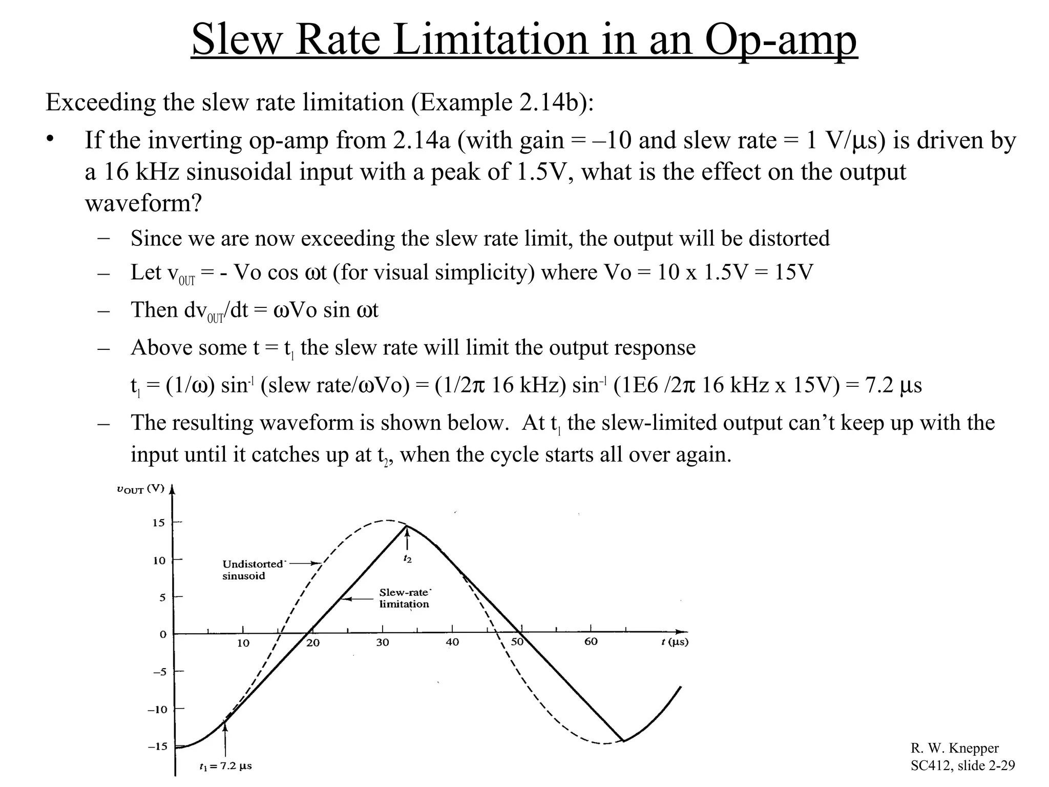 Slew Rate Limitation in an Op-amp
Exceeding the slew rate limitation (Example 2.14b):
• If the inverting op-amp from 2.14a (with gain = –10 and slew rate = 1 V/µs) is driven by
a 16 kHz sinusoidal input with a peak of 1.5V, what is the effect on the output
waveform?
– Since we are now exceeding the slew rate limit, the output will be distorted
– Let vOUT = - Vo cos ωt (for visual simplicity) where Vo = 10 x 1.5V = 15V
– Then dvOUT/dt = ωVo sin ωt
– Above some t = t1 the slew rate will limit the output response
t1 = (1/ω) sin-1
(slew rate/ωVo) = (1/2π 16 kHz) sin–1
(1E6 /2π 16 kHz x 15V) = 7.2 µs
– The resulting waveform is shown below. At t1 the slew-limited output can’t keep up with the
input until it catches up at t2, when the cycle starts all over again.
R. W. Knepper
SC412, slide 2-29
 