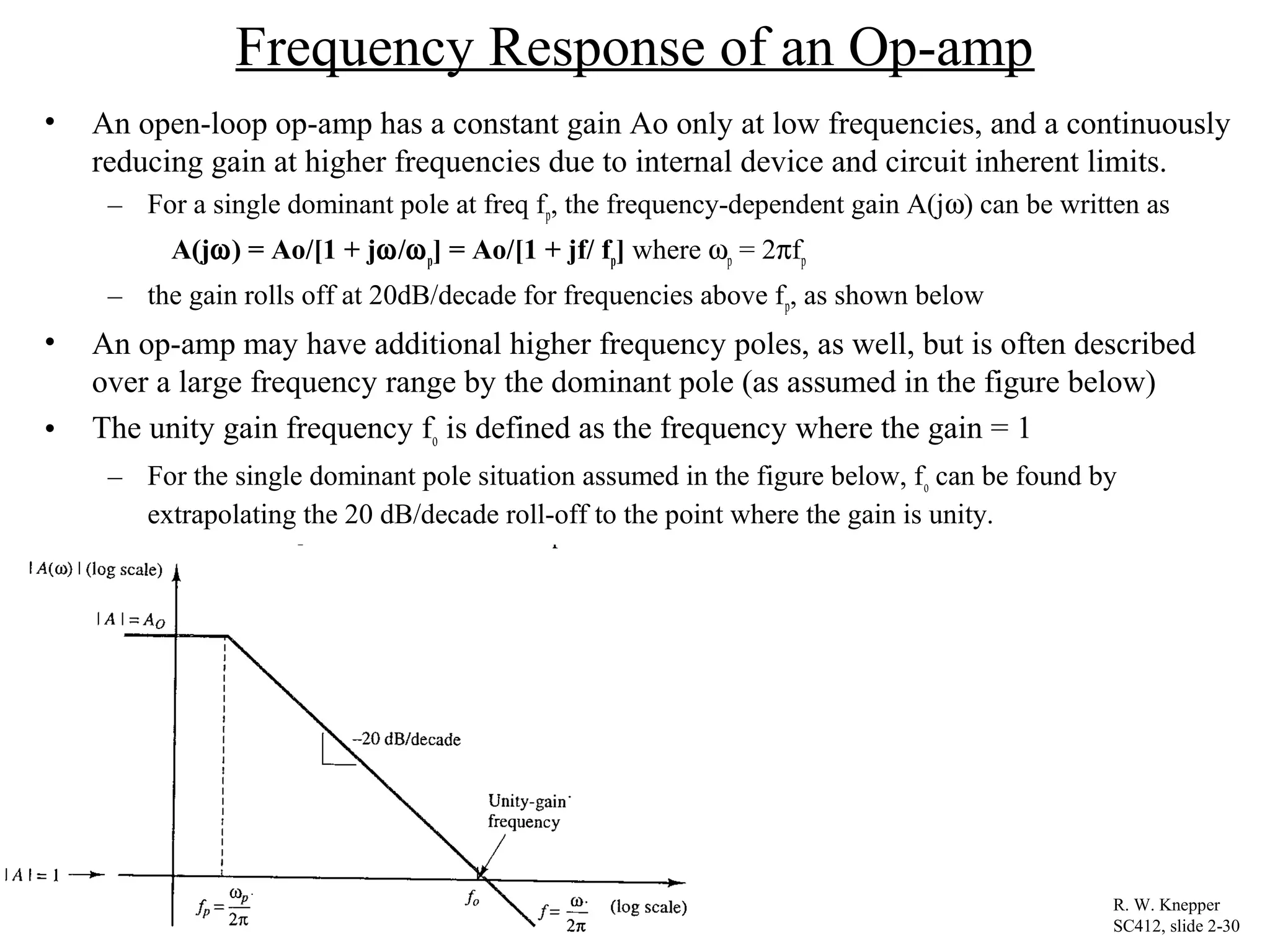 Frequency Response of an Op-amp
• An open-loop op-amp has a constant gain Ao only at low frequencies, and a continuously
reducing gain at higher frequencies due to internal device and circuit inherent limits.
– For a single dominant pole at freq fp, the frequency-dependent gain A(jω) can be written as
A(jω) = Ao/[1 + jω/ωp] = Ao/[1 + jf/ fp] where ωp = 2πfp
– the gain rolls off at 20dB/decade for frequencies above fp, as shown below
• An op-amp may have additional higher frequency poles, as well, but is often described
over a large frequency range by the dominant pole (as assumed in the figure below)
• The unity gain frequency fo is defined as the frequency where the gain = 1
– For the single dominant pole situation assumed in the figure below, fo can be found by
extrapolating the 20 dB/decade roll-off to the point where the gain is unity.
R. W. Knepper
SC412, slide 2-30
 