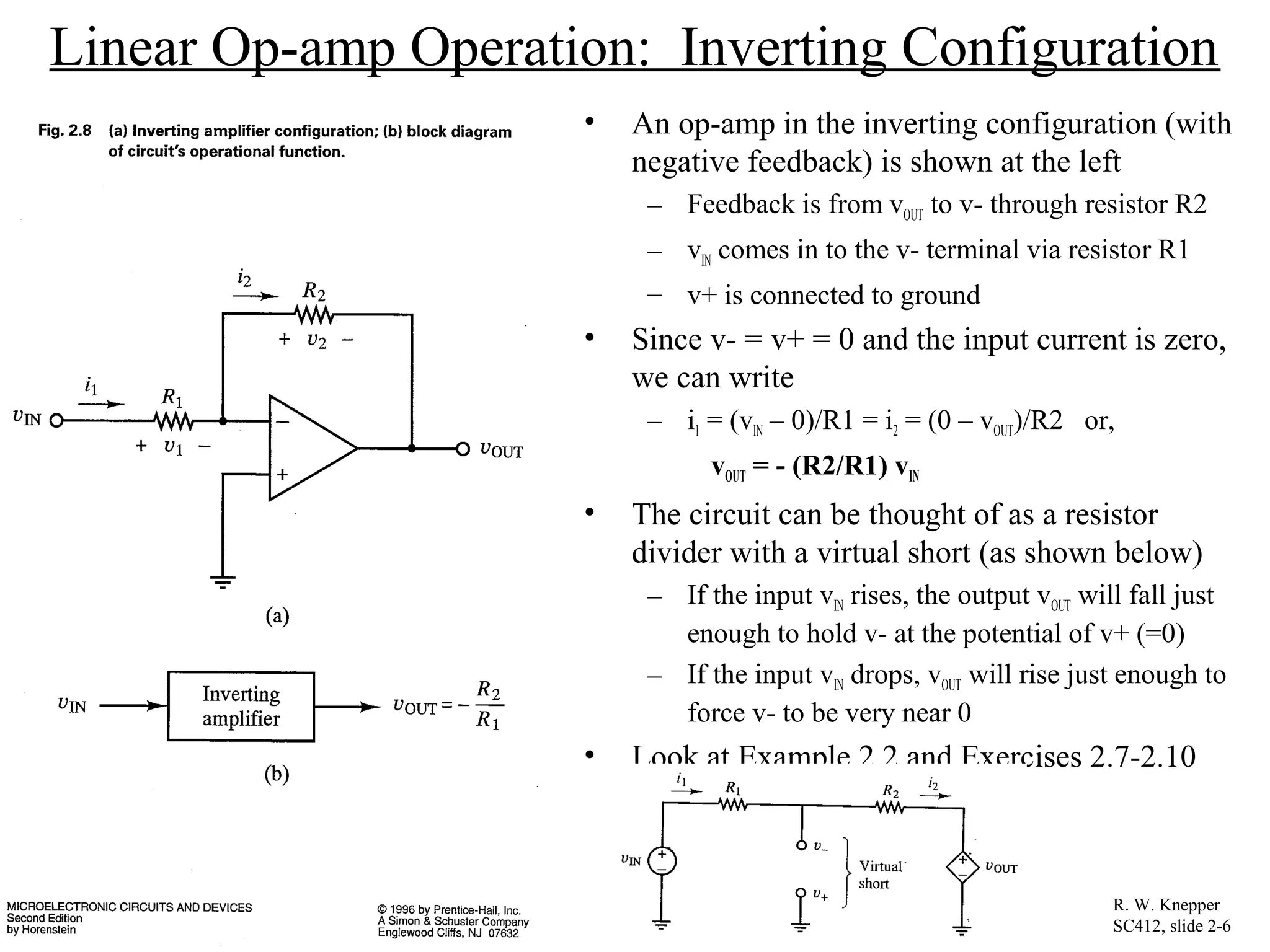 Linear Op-amp Operation: Inverting Configuration
• An op-amp in the inverting configuration (with
negative feedback) is shown at the left
– Feedback is from vOUT to v- through resistor R2
– vIN comes in to the v- terminal via resistor R1
– v+ is connected to ground
• Since v- = v+ = 0 and the input current is zero,
we can write
– i1 = (vIN – 0)/R1 = i2 = (0 – vOUT)/R2 or,
vOUT = - (R2/R1) vIN
• The circuit can be thought of as a resistor
divider with a virtual short (as shown below)
– If the input vIN rises, the output vOUT will fall just
enough to hold v- at the potential of v+ (=0)
– If the input vIN drops, vOUT will rise just enough to
force v- to be very near 0
• Look at Example 2.2 and Exercises 2.7-2.10
R. W. Knepper
SC412, slide 2-6
 
