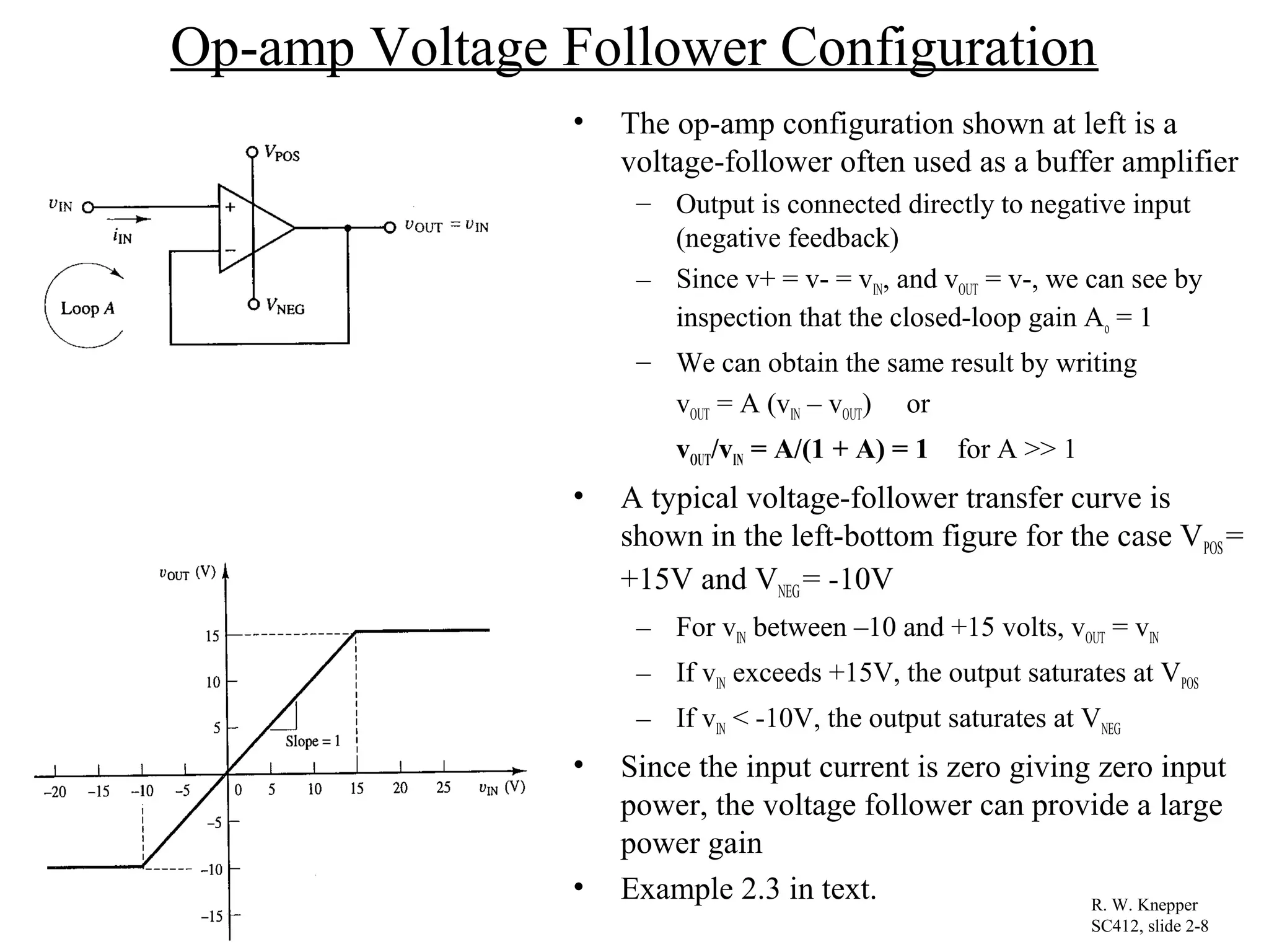 Op-amp Voltage Follower Configuration
• The op-amp configuration shown at left is a
voltage-follower often used as a buffer amplifier
– Output is connected directly to negative input
(negative feedback)
– Since v+ = v- = vIN, and vOUT = v-, we can see by
inspection that the closed-loop gain Ao = 1
– We can obtain the same result by writing
vOUT = A (vIN – vOUT) or
vOUT/vIN = A/(1 + A) = 1 for A >> 1
• A typical voltage-follower transfer curve is
shown in the left-bottom figure for the case VPOS=
+15V and VNEG= -10V
– For vIN between –10 and +15 volts, vOUT = vIN
– If vIN exceeds +15V, the output saturates at VPOS
– If vIN < -10V, the output saturates at VNEG
• Since the input current is zero giving zero input
power, the voltage follower can provide a large
power gain
• Example 2.3 in text. R. W. Knepper
SC412, slide 2-8
 