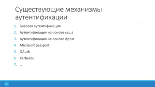 Существующие механизмы
аутентификации
1. Базовая аутентификация
2. Аутентификация на основе хеша

3. Аутентификация на основе форм
4. Microsoft passport
5. OAuth

6. Kerberos
7. …

 