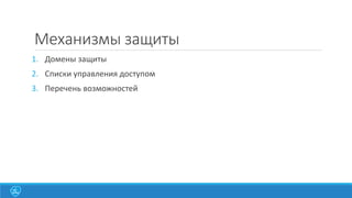 Механизмы защиты
1. Домены защиты
2. Списки управления доступом

3. Перечень возможностей

 