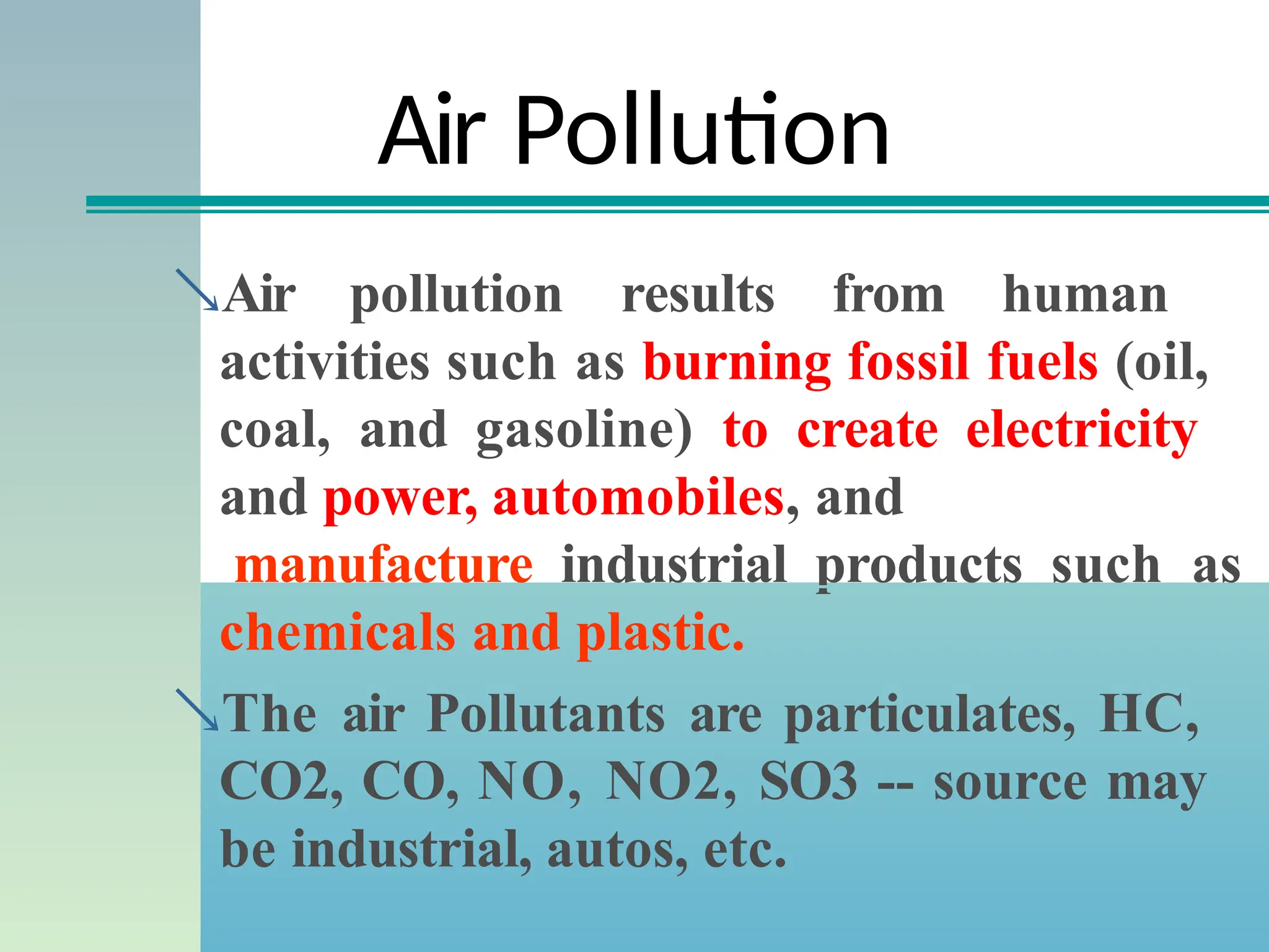 Air Pollution
Air pollution results from human
activities such as burning fossil fuels (oil,
coal, and gasoline) to create electricity
and power, automobiles, and
manufacture industrial products such as
chemicals and plastic.
The air Pollutants are particulates, HC,
CO2, CO, NO, NO2, SO3 -- source may
be industrial, autos, etc.
 