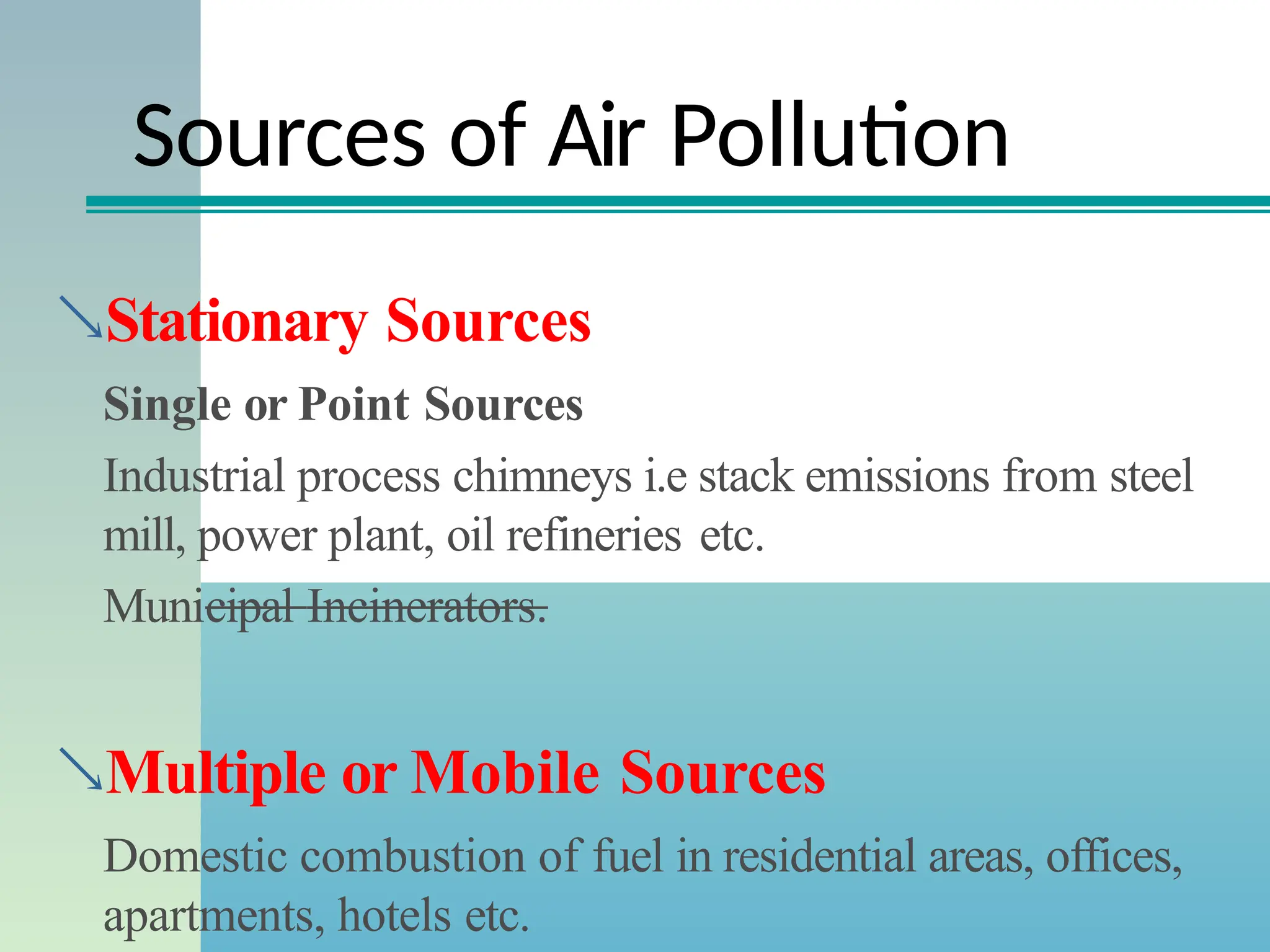 Sources of Air Pollution
Stationary Sources
Single or Point Sources
Industrial process chimneys i.e stack emissions from steel
mill, power plant, oil refineries etc.
Municipal Incinerators.
Multiple or Mobile Sources
Domestic combustion of fuel in residential areas, offices,
apartments, hotels etc.
 