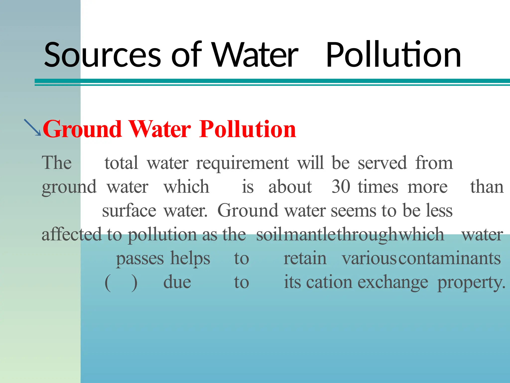 Sources of Water Pollution
Ground Water Pollution
The total water requirement will be served from
ground water which is about 30 times more than
surface water. Ground water seems to be less
affected to pollution as the soilmantlethroughwhich water
passes helps to retain variouscontaminants
( ) due to its cation exchange property.
 