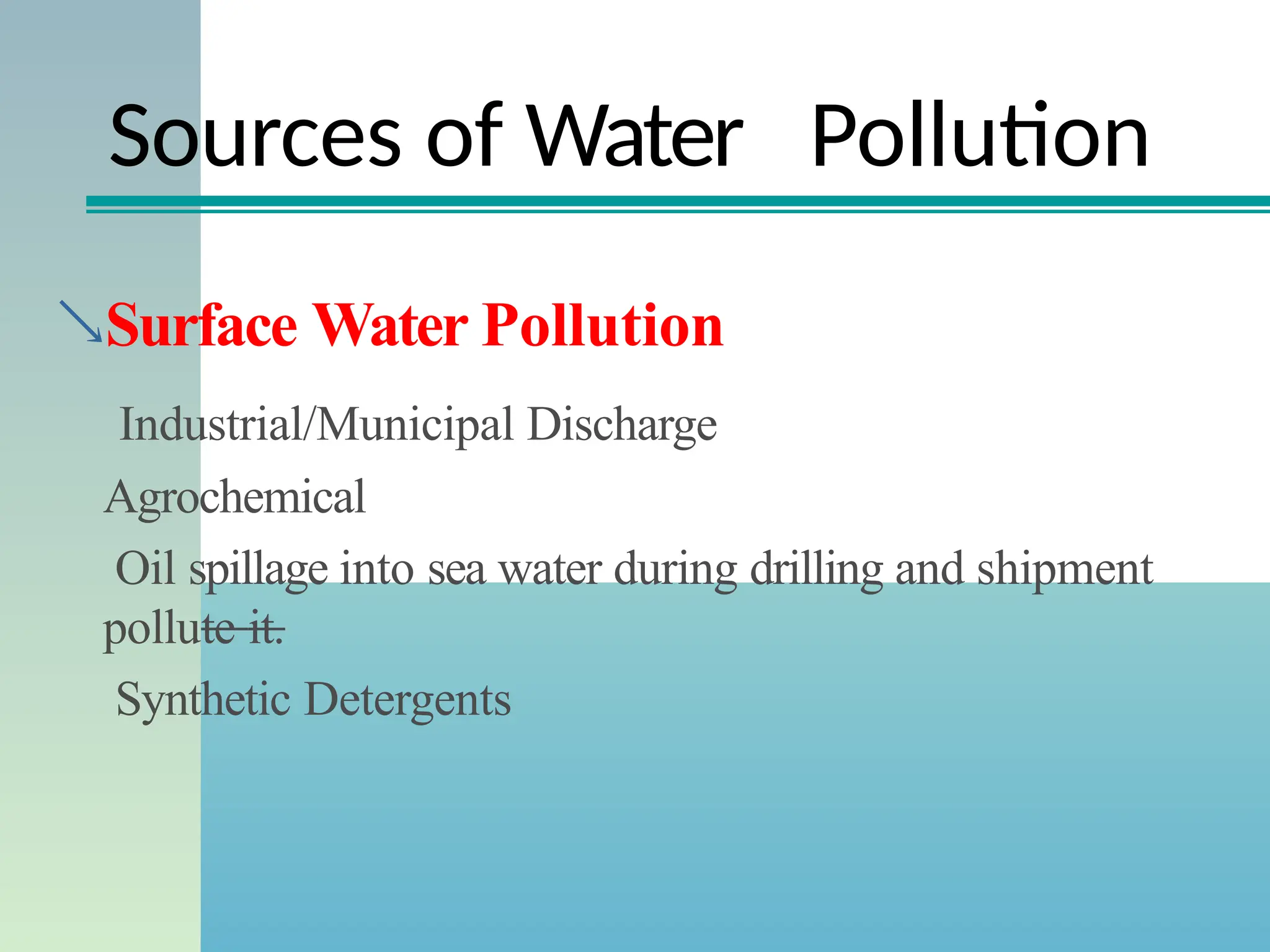Sources of Water Pollution
Surface Water Pollution
Industrial/Municipal Discharge
Agrochemical
Oil spillage into sea water during drilling and shipment
pollute it.
Synthetic Detergents
 