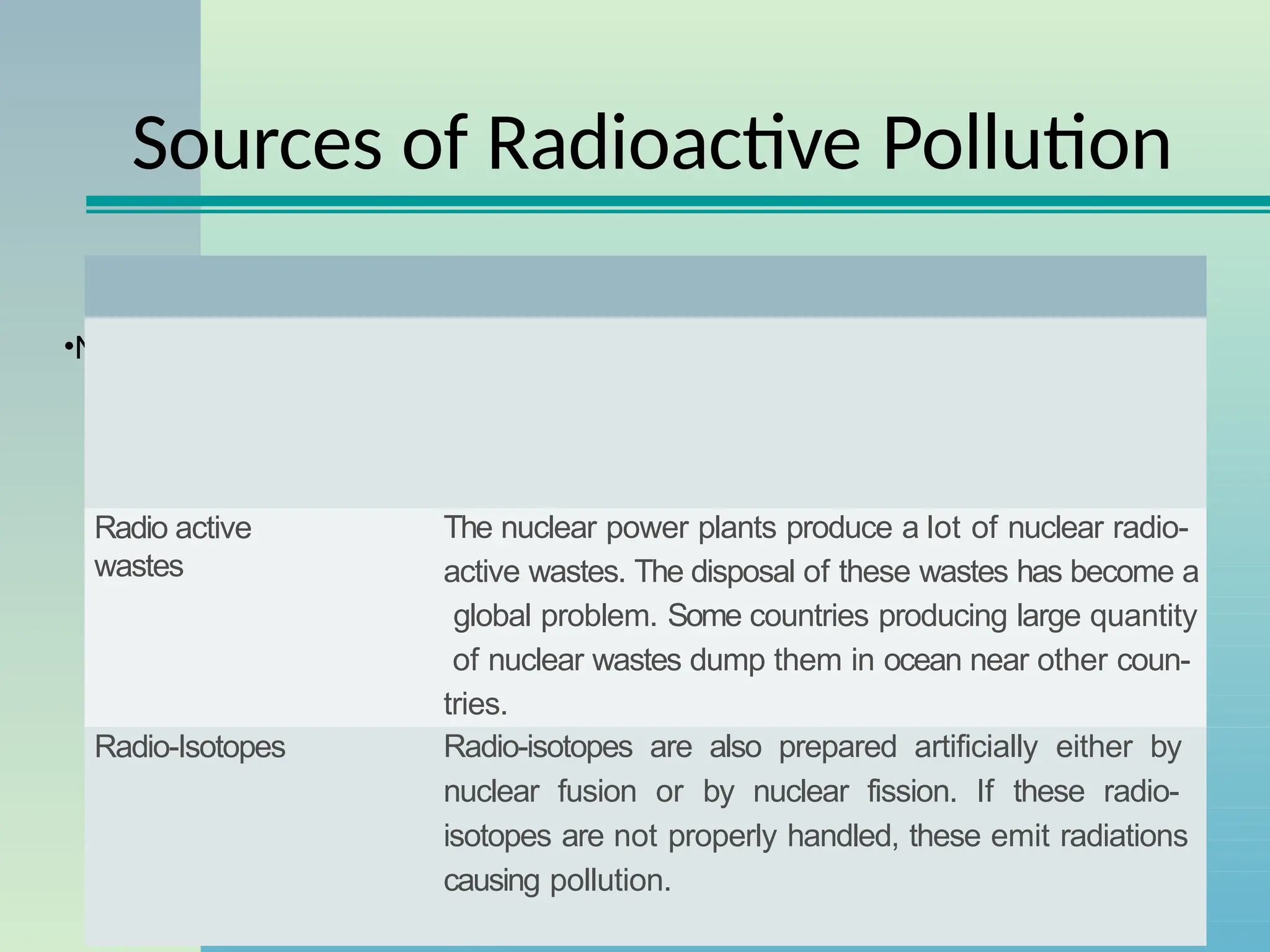 Sources of Radioactive Pollution
• Sources Methods
•Nuclear Explosions During nuclear explosion, a large number of radio-
• nuclides are generated in the atmosphere. The radio -
nuclides settle down with rain contaminating the soil and
water bodies. Finally, these enter into food chain causing
serious prob-lem to the living organisms
Radio active
wastes
The nuclear power plants produce a lot of nuclear radio-
active wastes. The disposal of these wastes has become a
global problem. Some countries producing large quantity
of nuclear wastes dump them in ocean near other coun-
tries.
Radio-Isotopes Radio-isotopes are also prepared artificially either by
nuclear fusion or by nuclear fission. If these radio-
isotopes are not properly handled, these emit radiations
causing pollution.
 