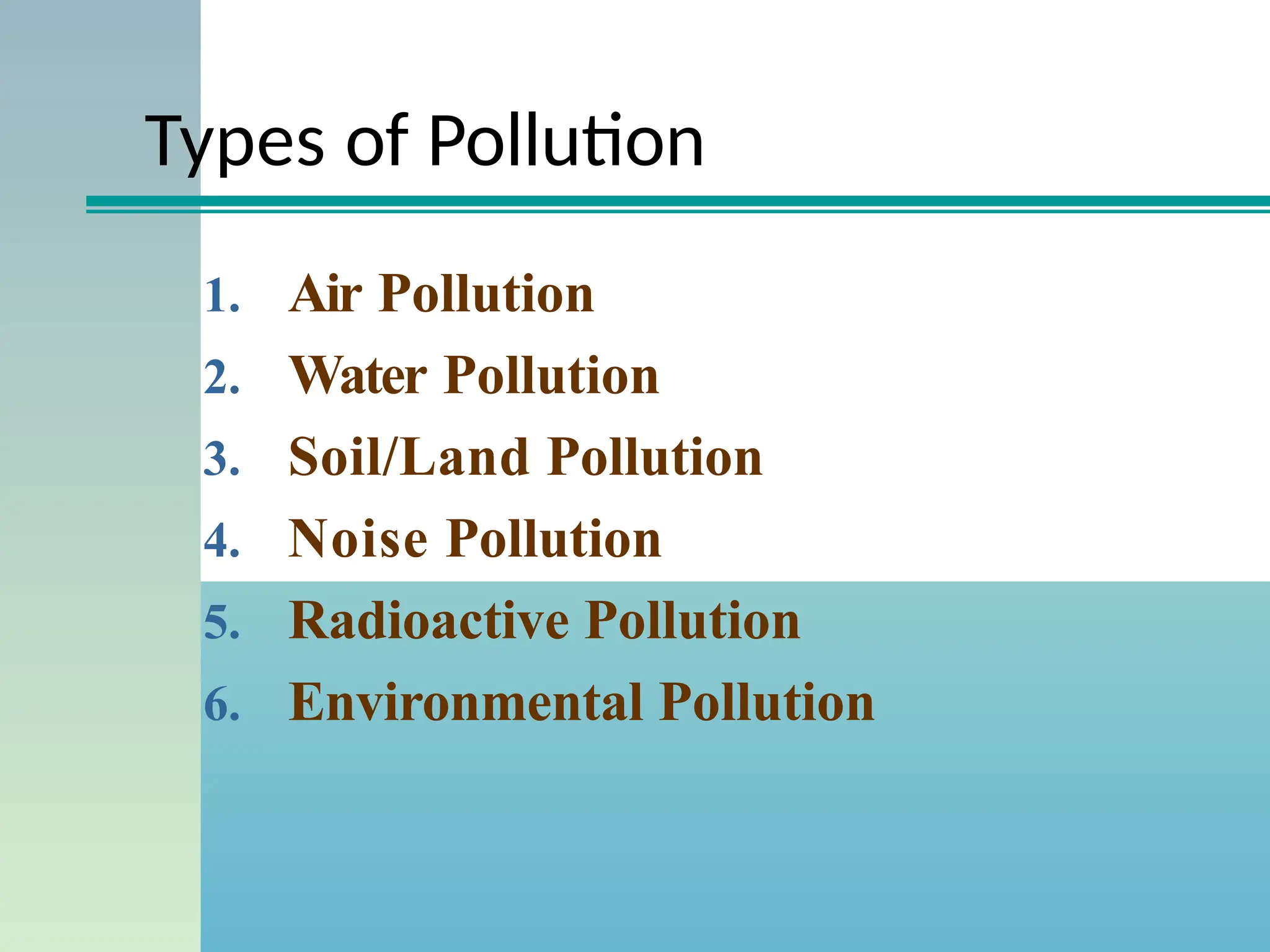 Types of Pollution
1. Air Pollution
2. Water Pollution
3. Soil/Land Pollution
4. Noise Pollution
5. Radioactive Pollution
6. Environmental Pollution
 