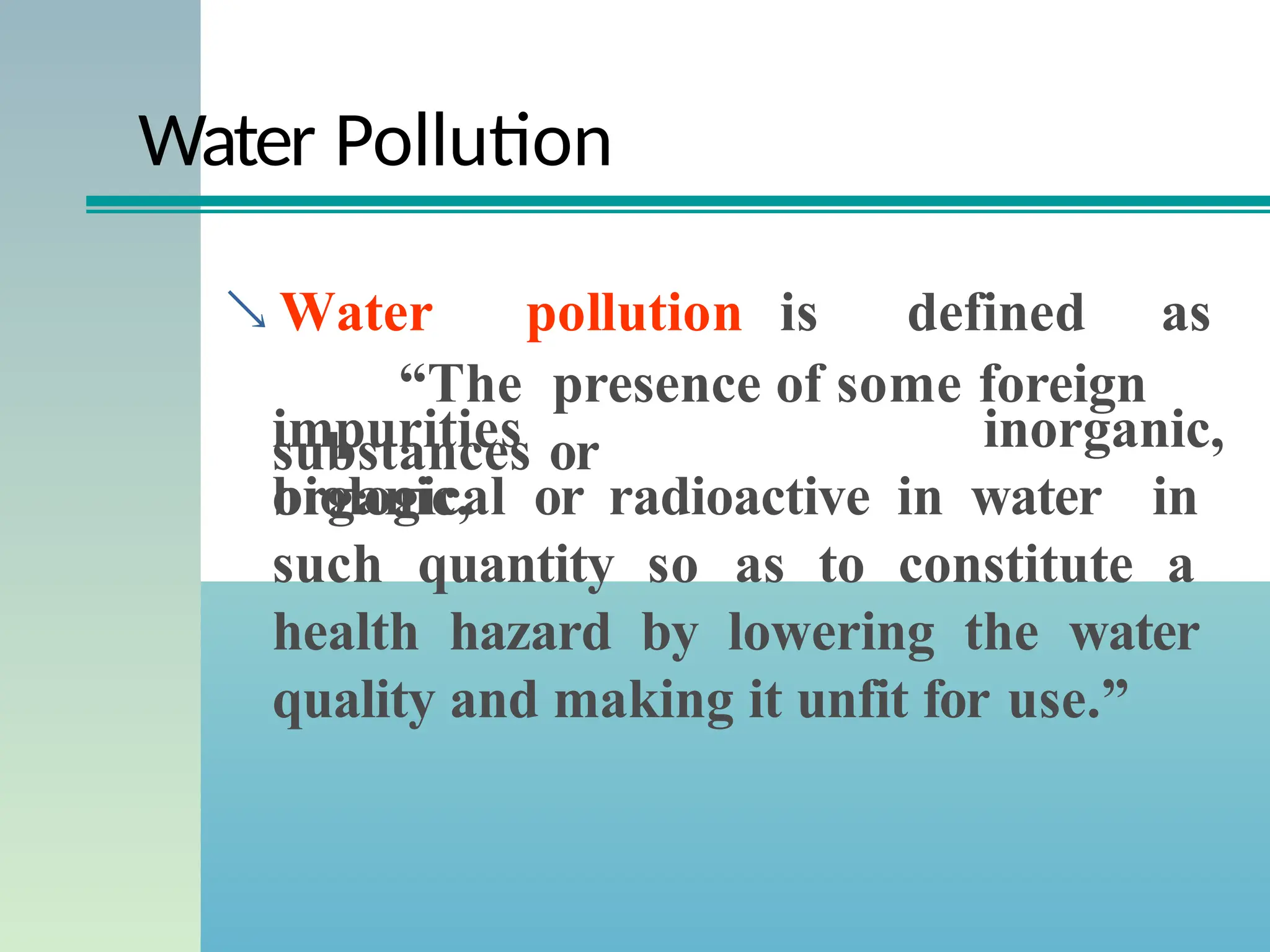 Water Pollution
 Water pollution is defined as
“The presence of some foreign
substances or
impurities
organic,
inorganic,
biological or radioactive in water in
such quantity so as to constitute a
health hazard by lowering the water
quality and making it unfit for use.”
 