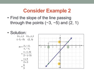 Consider Example 2
• Find the slope of the line passing
through the points (−3, −5) and (2, 1)
• Solution:

 