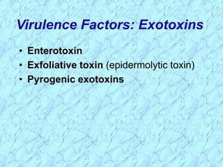 • Enterotoxin
• Exfoliative toxin (epidermolytic toxin)
• Pyrogenic exotoxins
Virulence Factors: Exotoxins
 