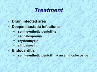 Treatment
• Drain infected area
• Deep/metastatic infections
 semi-synthetic penicllins
 cephalosporins
 erythromycin
 clindamycin
• Endocarditis
 semi-synthetic penicillin + an aminoglycoside
 