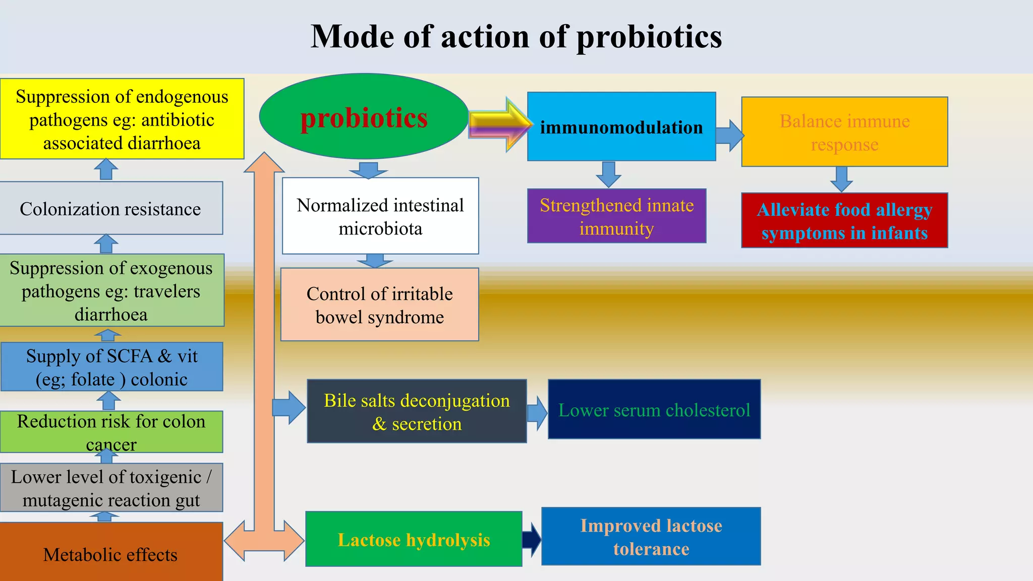 Mode of action of probiotics
Colonization resistance
Suppression of endogenous
pathogens eg: antibiotic
associated diarrhoea
probiotics
Normalized intestinal
microbiota
Control of irritable
bowel syndrome
Metabolic effects
Lower level of toxigenic /
mutagenic reaction gut
Reduction risk for colon
cancer
Supply of SCFA & vit
(eg; folate ) colonic
Suppression of exogenous
pathogens eg: travelers
diarrhoea
Bile salts deconjugation
& secretion
immunomodulation
Strengthened innate
immunity
Improved lactose
toleranceLactose hydrolysis
Lower serum cholesterol
Alleviate food allergy
symptoms in infants
Balance immune
response
 