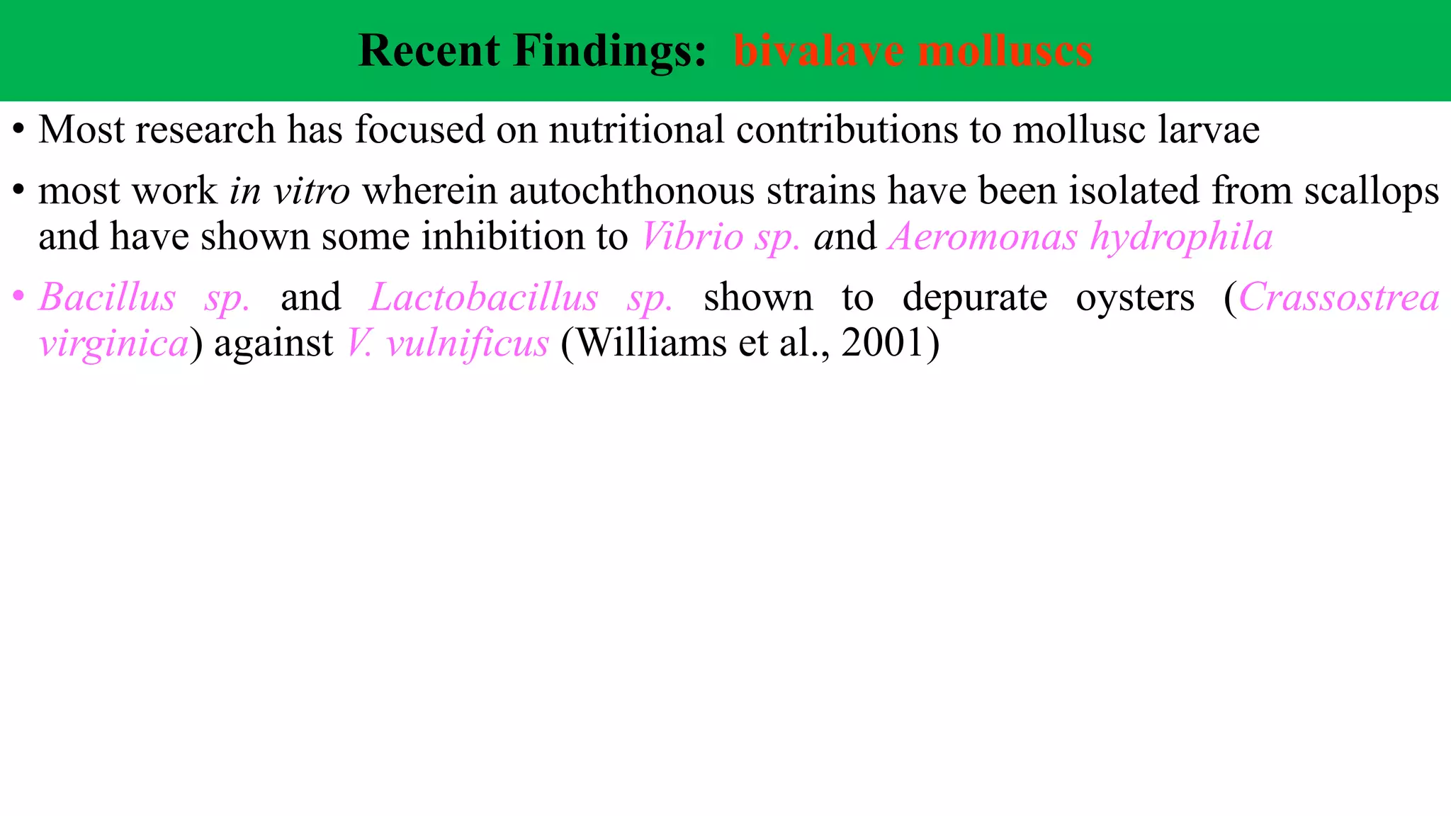 Recent Findings: bivalave molluscs
• Most research has focused on nutritional contributions to mollusc larvae
• most work in vitro wherein autochthonous strains have been isolated from scallops
and have shown some inhibition to Vibrio sp. and Aeromonas hydrophila
• Bacillus sp. and Lactobacillus sp. shown to depurate oysters (Crassostrea
virginica) against V. vulnificus (Williams et al., 2001)
 
