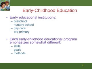 Early-Childhood Education Early educational institutions: preschool nursery school day care pre-primary Each early-childhood educational program emphasizes somewhat different: skills goals methods 