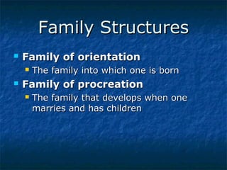 Family Structures


Family of orientation




The family into which one is born

Family of procreation


The family that develops when one
marries and has children

 